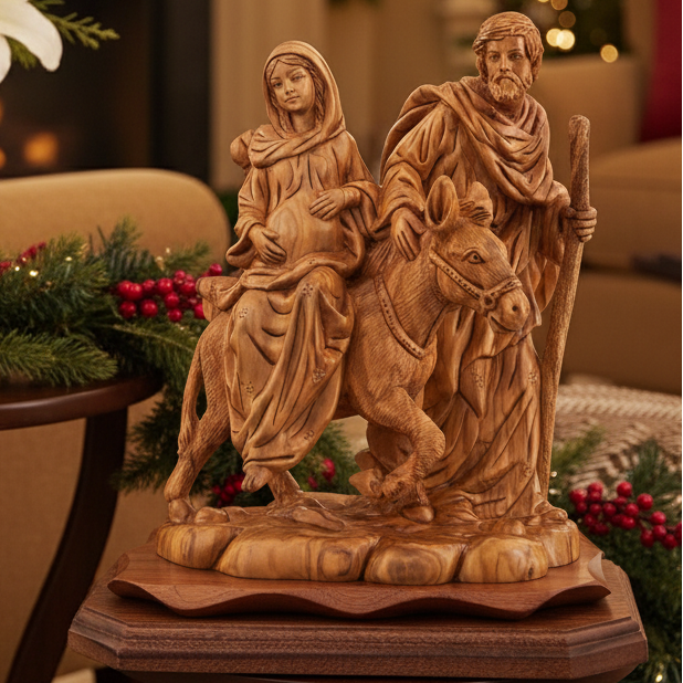 Mary and Joseph's "Journey to Bethlehem" 14.4", Carved Olive Wood Statue