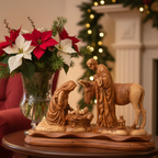 Olive wood nativity scene hand carved in Bethlehem, 15 inch front view of the olive wood masterpiece