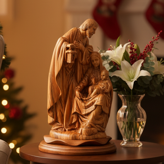 Holy Family Holding Lamp Statue 13", Olive Wood Carved Sculpture from the Holy Land