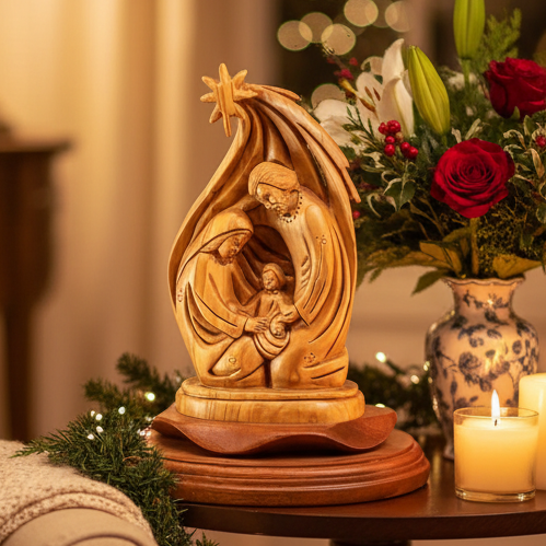 Holy Family and "Star of Bethlehem" Wooden Sculpture, 8.6"