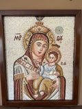 Virgin Mary mosaic wall art hand made in Bethlehem, front view of the olive wood masterpiece