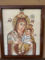 Virgin Mary mosaic wall art hand made in Bethlehem, front view of the olive wood masterpiece