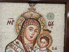 Virgin Mary mosaic wall art hand made in Bethlehem, side angle of the olive wood sculpture