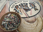 Virgin Mary mosaic wall art hand made in Bethlehem, three quarter view of the religious piece
