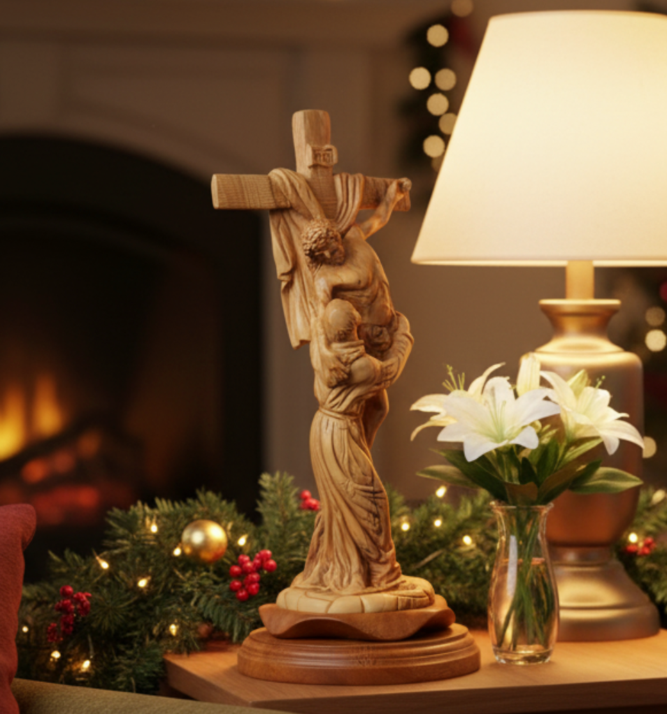 Jesus Crucified on Cross, "Christ Embraced by St. Francis Assisi" , 13.2" Carving