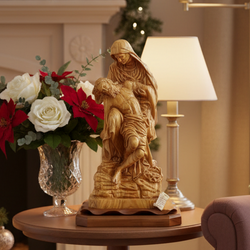 Pieta statue hand carved from Bethlehem olive wood, 26.4 inch front view of the olive wood masterpiece