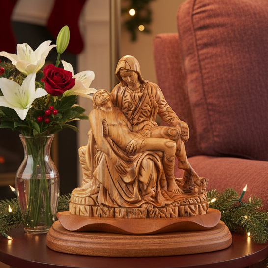 Pieta Carving, Olive Wood Carving Statue from Bethlehem, 8.1"