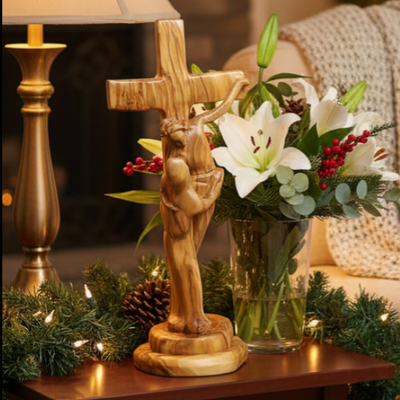 Jesus on Cross, Abstract 13" Carving, Made in Bethlehem from Holy Land Olive Wood