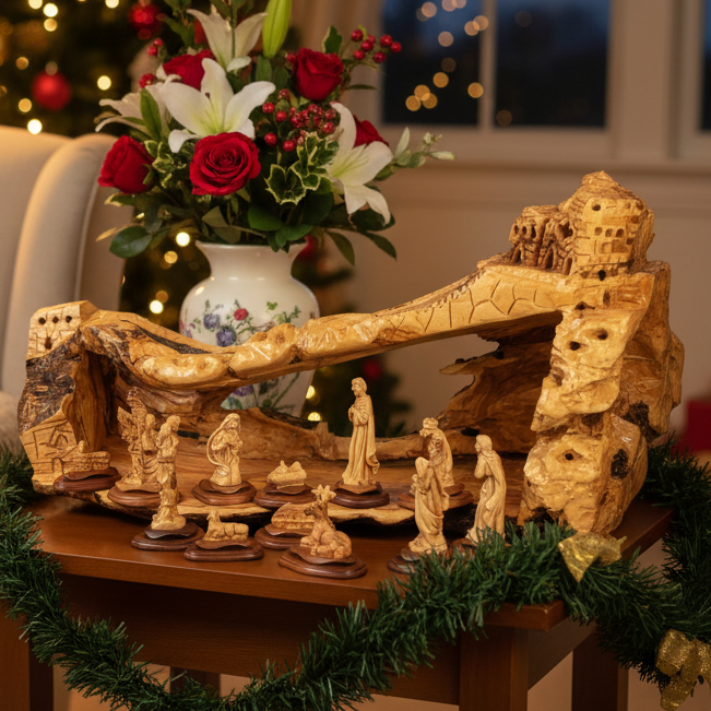Unique Natural Olive Wood Nativity Scene, with 'Masterpiece Figurines', from Olive Wood in Bethlehem