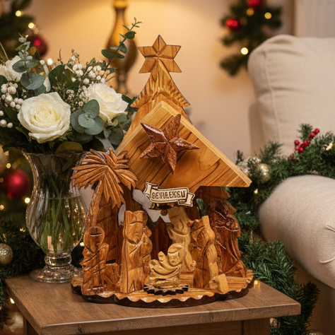 Nativity Scene Music Player, 7.5" Olive Wood from Holy Land ( Plays Starry Night)