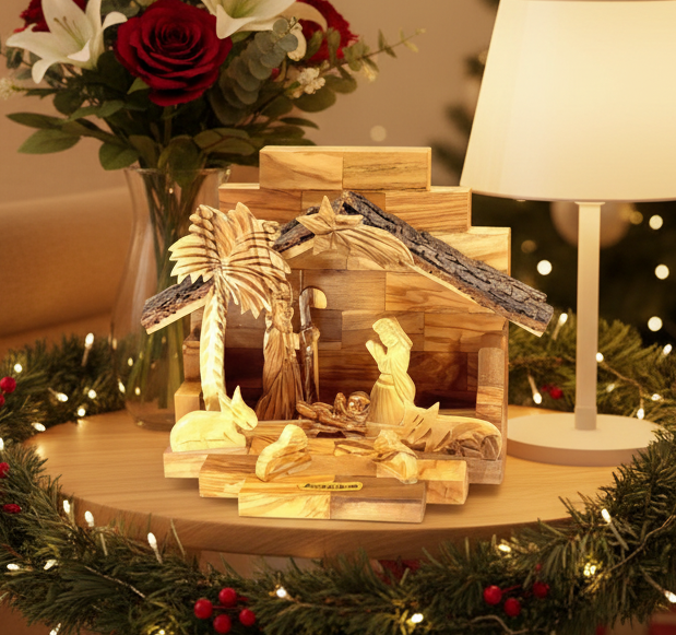 Wooden nativity scene with Mary, Joseph, and baby Jesus on a table with Christmas decorations.