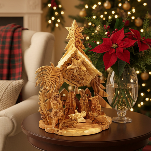Olive wood nativity scene hand carved in Bethlehem, 8.5 inch front view of the olive wood masterpiece