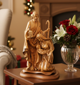 Holy Family Holding Lamp Statue, 16.1" Masterpiece Olive Wood Carved Sculpture from the Holy Land