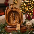 Holy Family with Angel Nativity, 10.2" Carved Abstract Olive Wood Statue from Holy Land