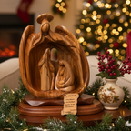 Holy Family with Angel Nativity, 10.2" Carved Abstract Olive Wood Statue from Holy Land