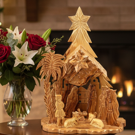 Olive wood nativity scene hand carved in Bethlehem, 10.4 inch front view of the olive wood masterpiece