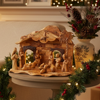 Nativity Scene Set with Music Player, Wood Carved in Bethlehem