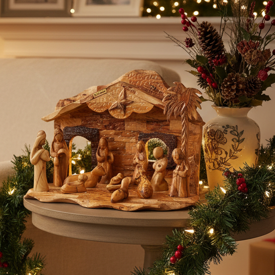 Nativity Scene Set with Music Player, Wood Carved in Bethlehem