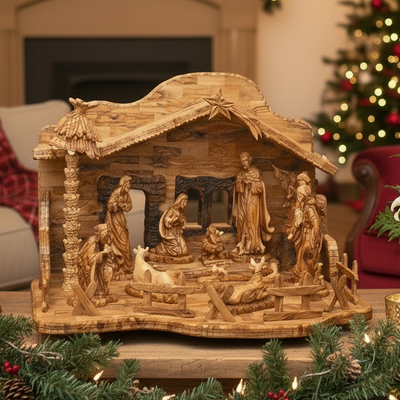 Nativity Scene Set with Sculptured Figures and Manager, 32.3" Masterpiece
