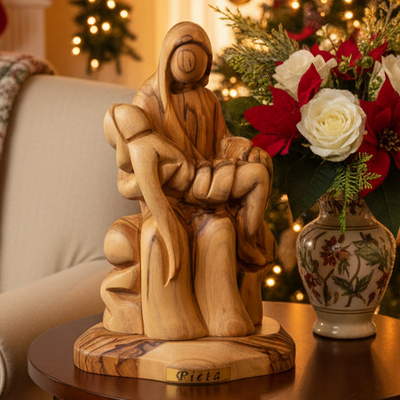 Contemplative Pieta Statue (Abstract),6.3" Olive Wood Carving Statue from Bethlehem