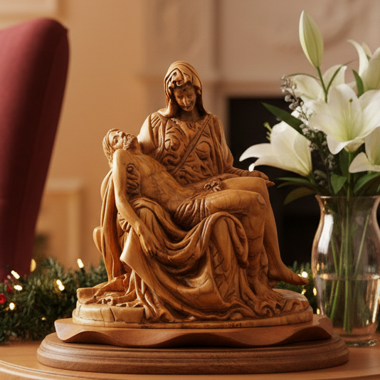 Pieta with an Angel, Olive Wood Carving Statue from Bethlehem 10.6"