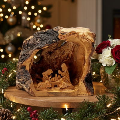 Small Rustic Nativity Scene with Natural Bark,  5" Unique Wooden Carvings from Bethlehem