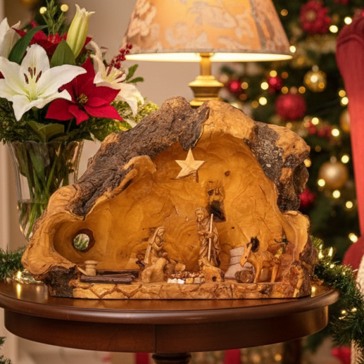 Nativity Scene Sculpted from Natural Olive Wood with Bark 16"