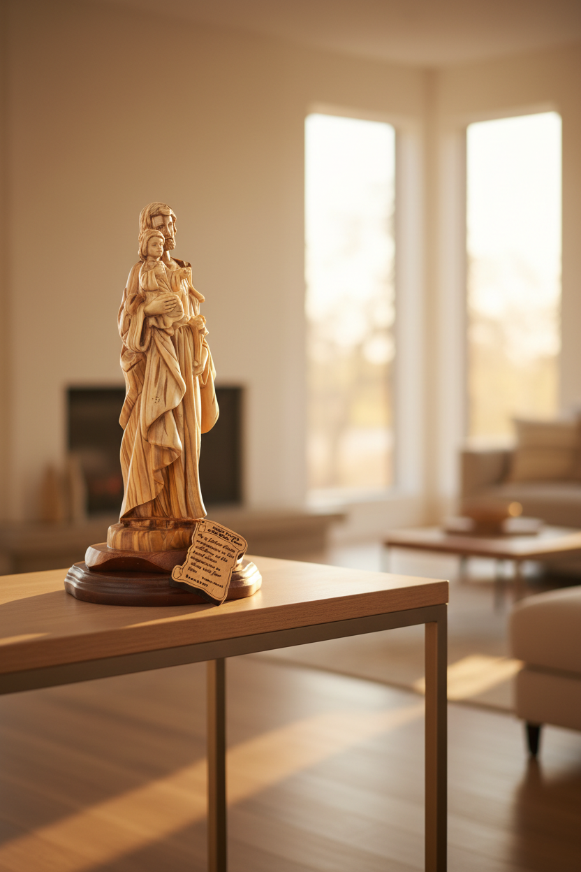 St. Joseph Carved Statue from Holy Land Olive Wood, 11"