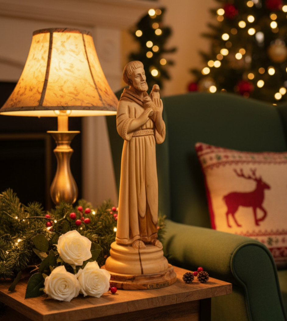 St. Francis Assisi Figurine, Hand Carved Olive Wood from Holy Land 9.8"