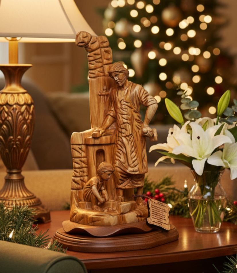 St. Joseph "The Carpenter with Jesus Playing" Sculpture, 14.2" Holy Land Olive Wood Carving