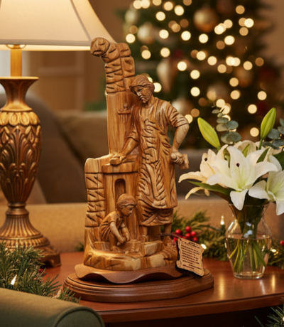 St. Joseph "The Carpenter with Jesus Playing" Sculpture, 14.2" Holy Land Olive Wood Carving