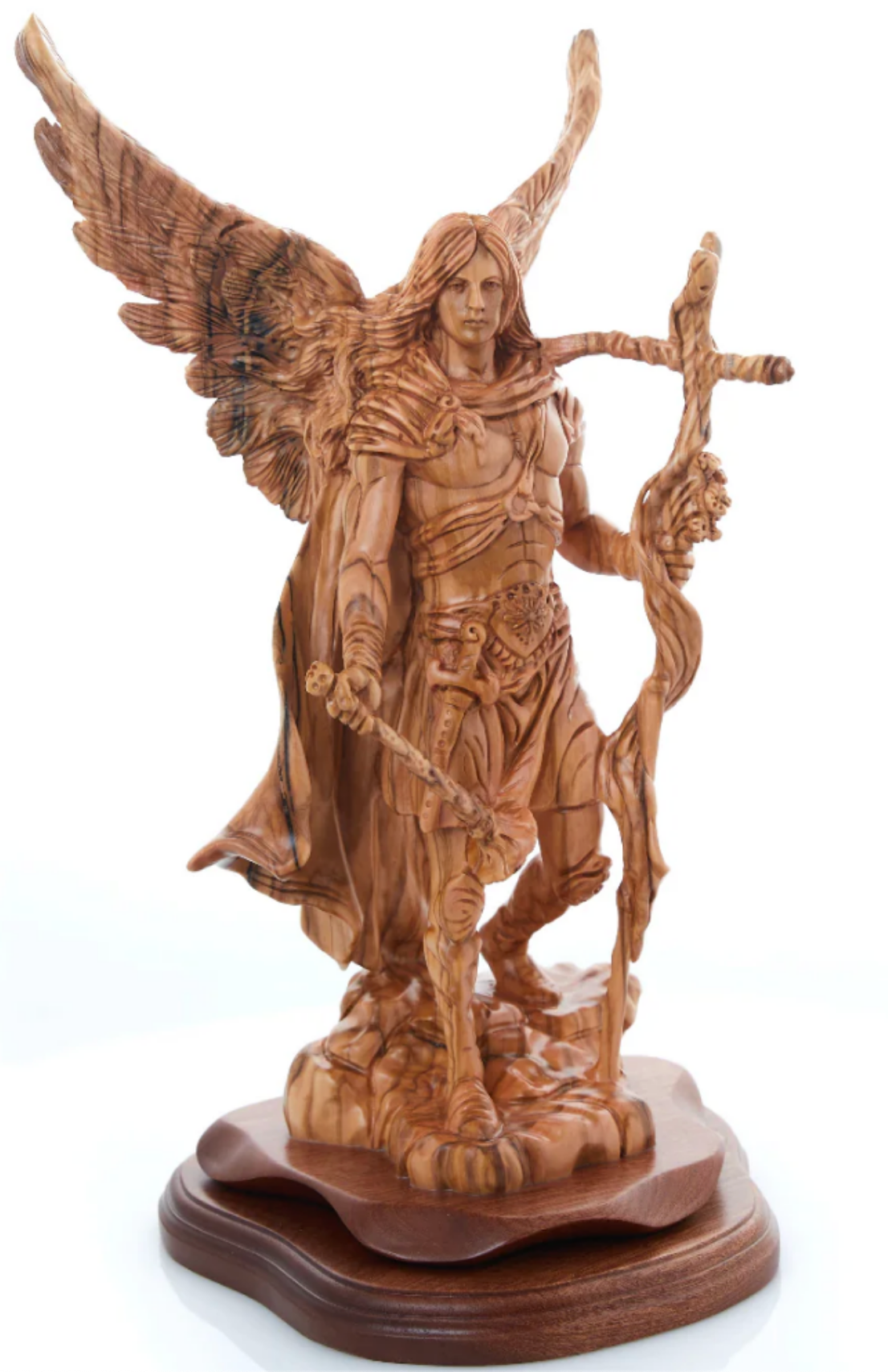 Angel olive wood statue hand carved in Bethlehem, 15 inch detail of the carved figure