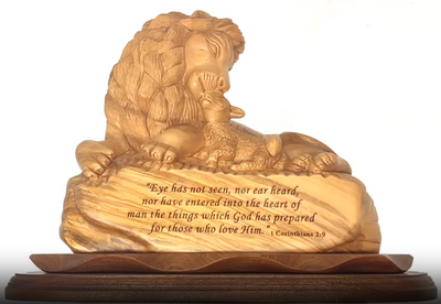 Lion with Lamb and Scripture of Corinthians, 13.8" Masterpiece Wooden Christian Carving