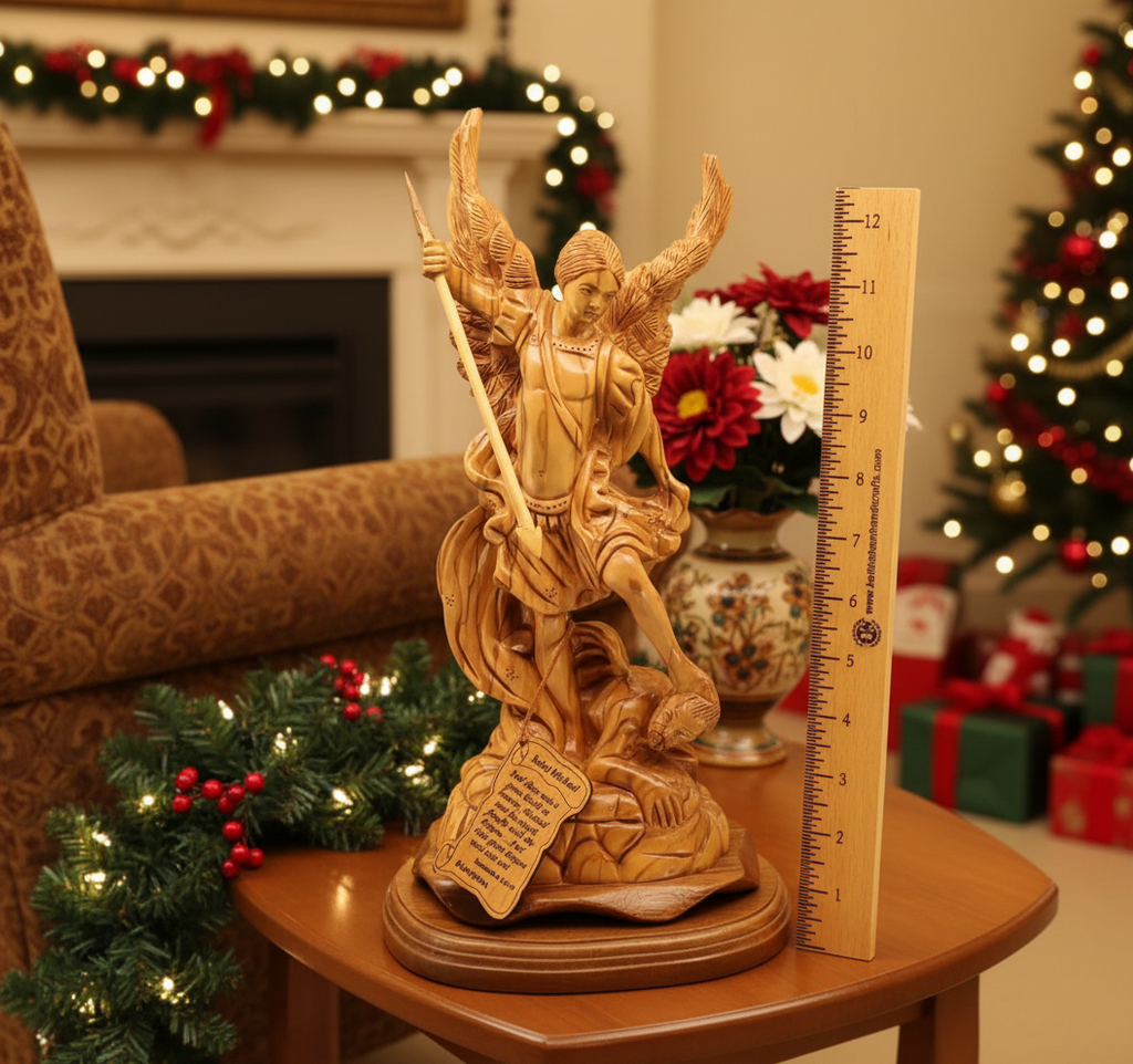 A wooden sculpture of Archangel Michael, standing on a base, with a measuring tape for scale.