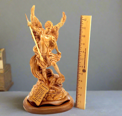 Archangel Michael Sculpture, 13.4" Carving from Holy Land Olive Wood