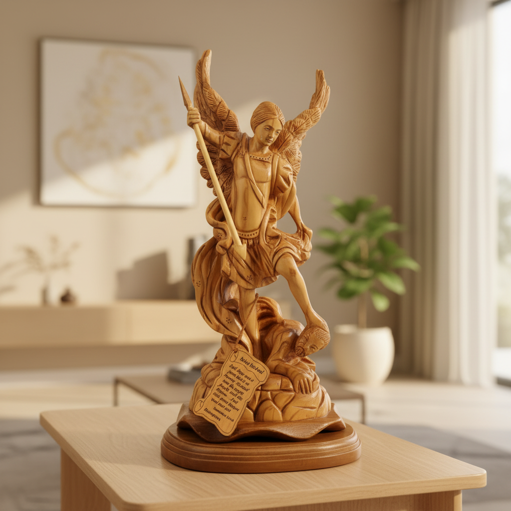 Archangel Michael Sculpture, 13.4" Carving from Holy Land Olive Wood