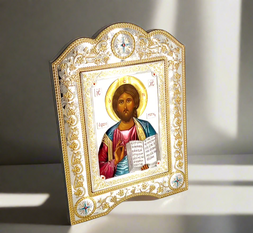 Jesus Christ Christian icon hand made in Bethlehem, front view of the silver masterpiece