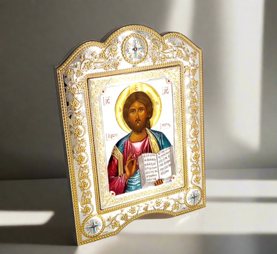 Jesus Christ Silver Plated Icon with Unique Silver Frame Standing or Wall Hanging Christian Art Decor