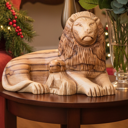 Lion with Lamb Wooden Sculpture, 4" Hand Carved in Holy Land