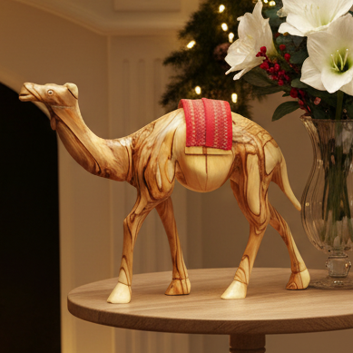 Wooden Camel w/ Red Saddle, Nativity Figurine, 9.4" Hand Carved from Bethlehem