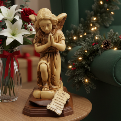 Guardian Angel Praying Carving 10.5" Hand made from Holy Land Olive Wood
