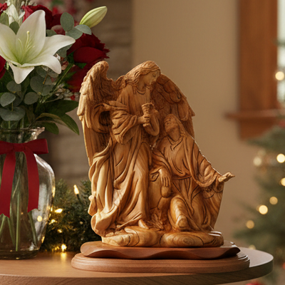 Jesus Christ with Angel in Garden of Gethsemane, 10.8" Masterpeice Carving from Holy Land Olive Wood