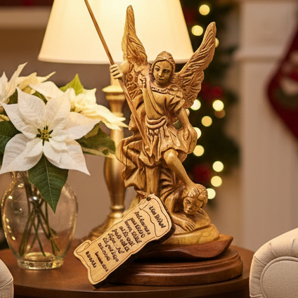 Archangel Michael Sculpture with Wings, 6.9" Carving from Olive Wood