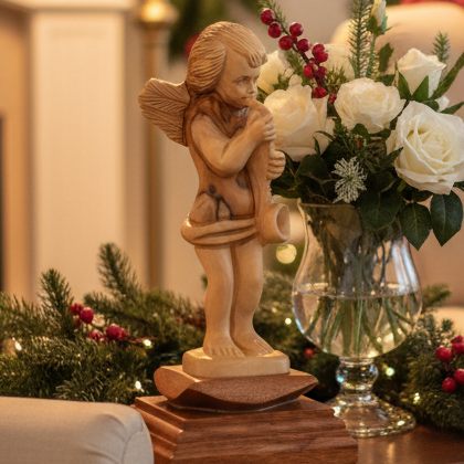 Olive wood nativity scene hand carved in Bethlehem, 6.1 inch front view of the olive wood masterpiece