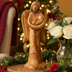 Angel olive wood statue hand carved in Bethlehem, 7.9 inch front view of the olive wood masterpiece