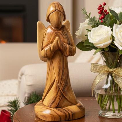 Olive wood nativity scene hand carved in Bethlehem, 6.7 inch front view of the olive wood masterpiece