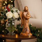 Angel olive wood statue hand carved in Bethlehem, 6.3 inch front view of the olive wood masterpiece