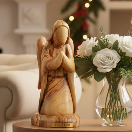 Hand Carved "Kneeling Angel", 6.1" Wooden Nativity Figurine