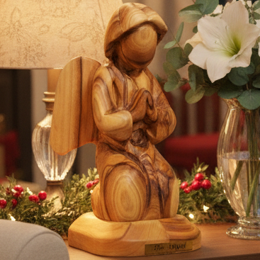 Olive wood nativity scene hand carved in Bethlehem, 5.5 inch front view of the olive wood masterpiece