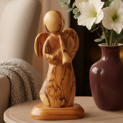 Angel Playing Music, Hand Carved Olive Wood 5.9"